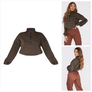 PRETTY LITTLE THING - KHAKI ZIP FRONT OVERSIZED SWEATER, SIZE S